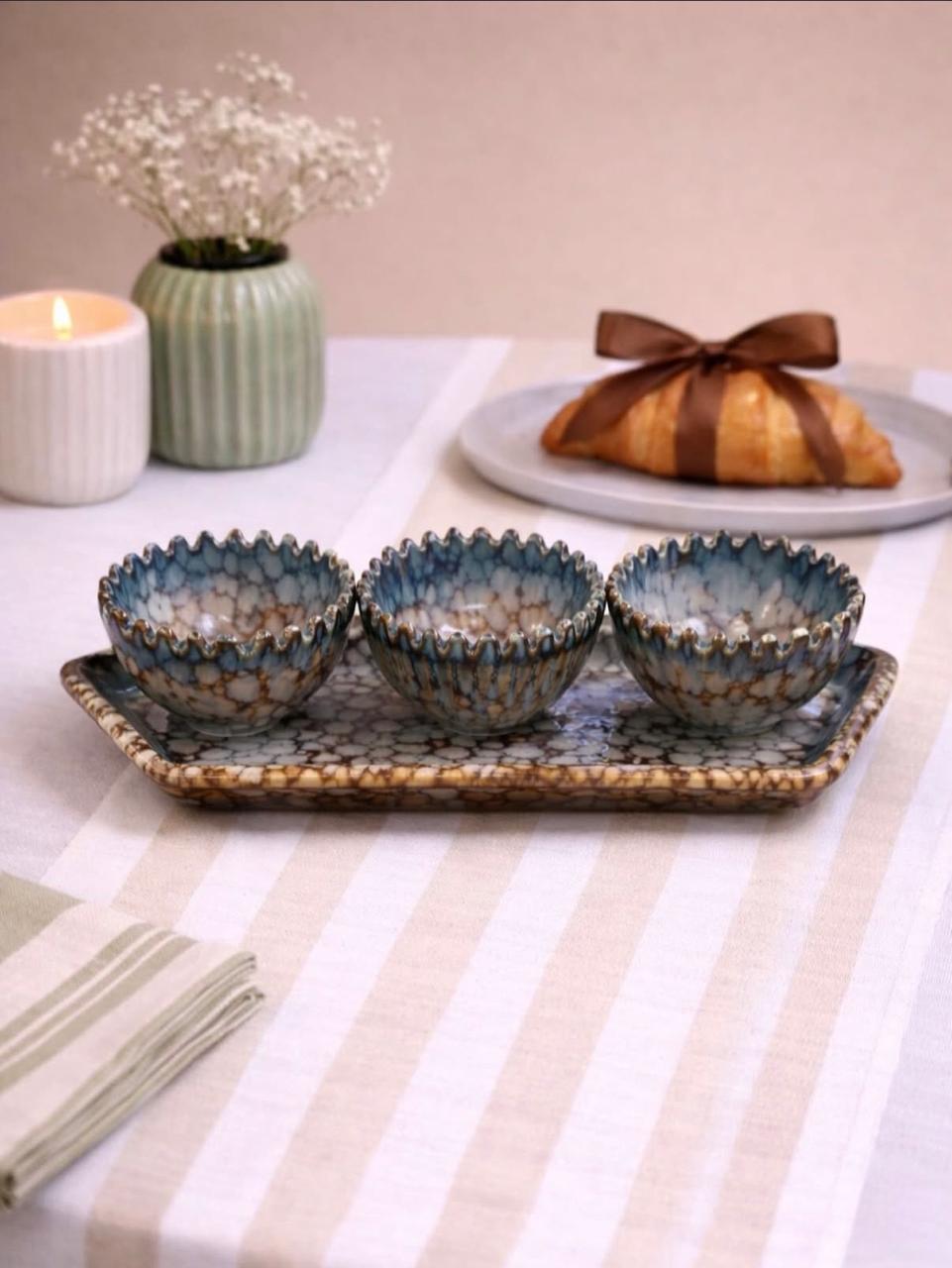 Earthy Ceramic Serving Set – 3 Bowls with Tray